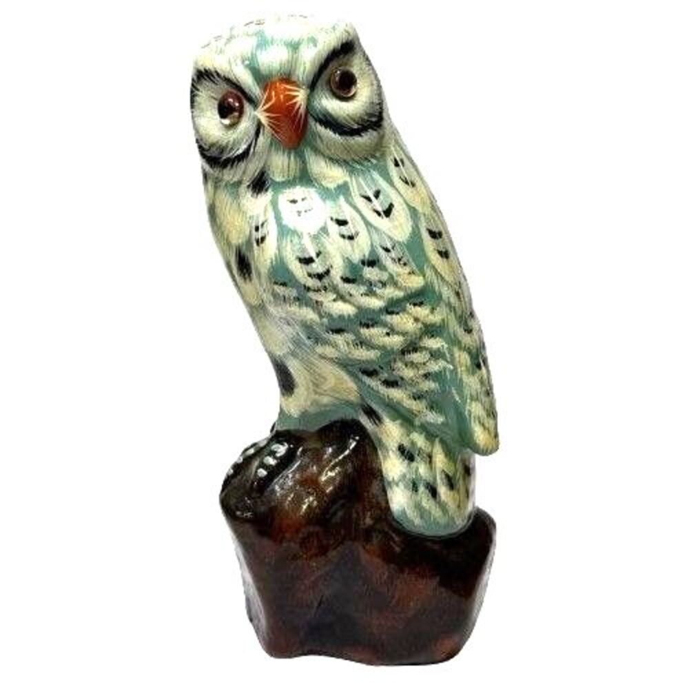 Vintage Hand Painted Pottery Owl Figurine Sage Blue & Cream 5.25” Tall